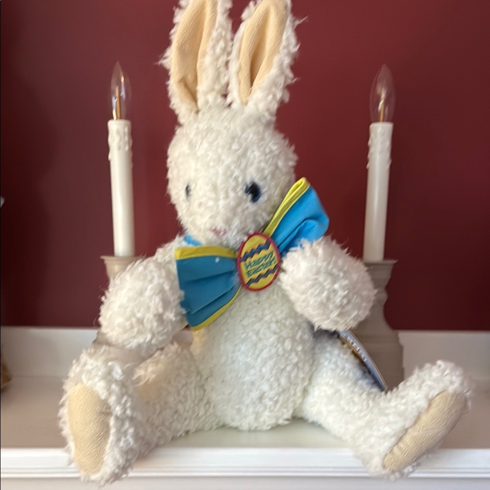 Vermont Teddy Bear White Plush Bunny with Blue Bow